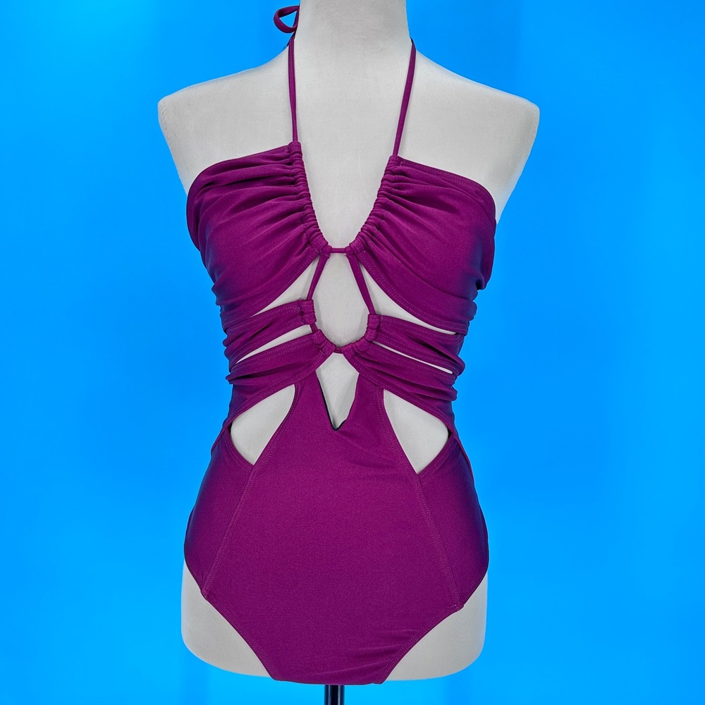 Suboo Womens Plum Purple Cutout Halter One Piece Swimsuit Size 10 US Ruched Ring